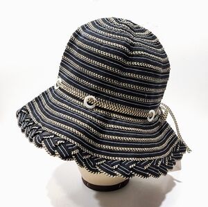 Jeanne Simmons Women's Black Tan Travel Sun Hat Braid Striped Bucket Wide Brim
